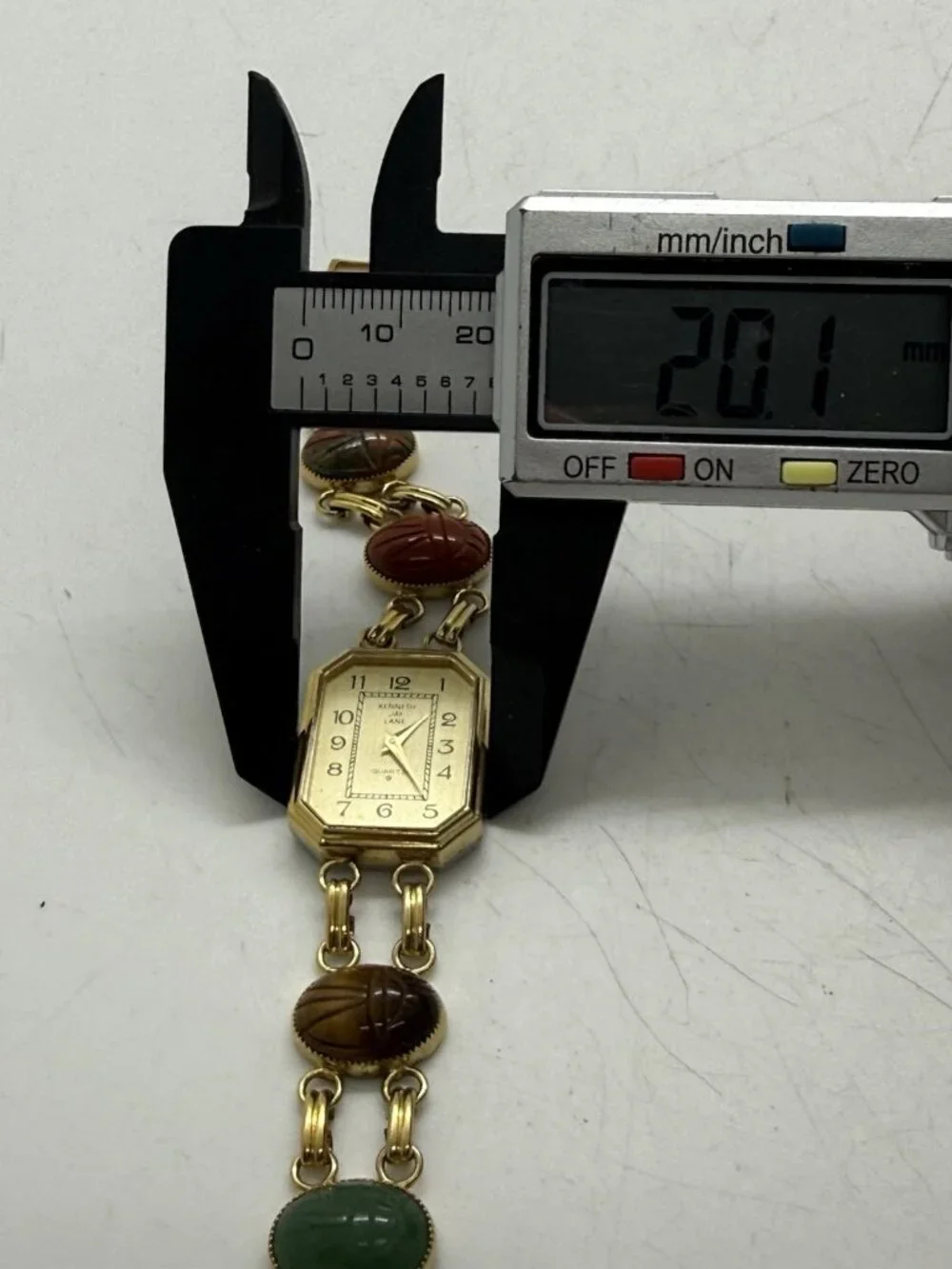 Kenneth Jay Lane Gold Tone Egyptian Scarab Gemstone Link Bracelet Quartz Watch